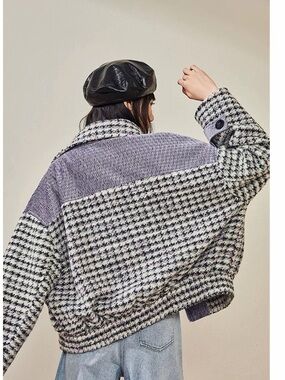 Houndstooth Wool-Blend Shacket with Lavender Panel
